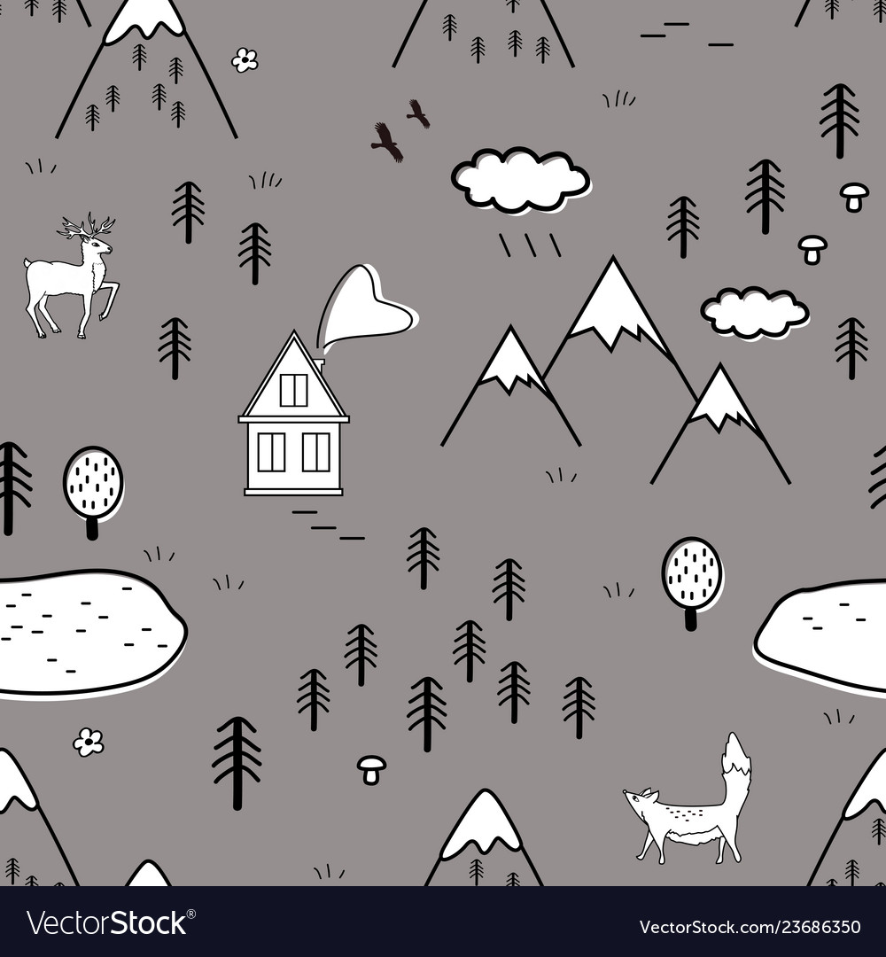 Cute scandinavian landscape with animals trees