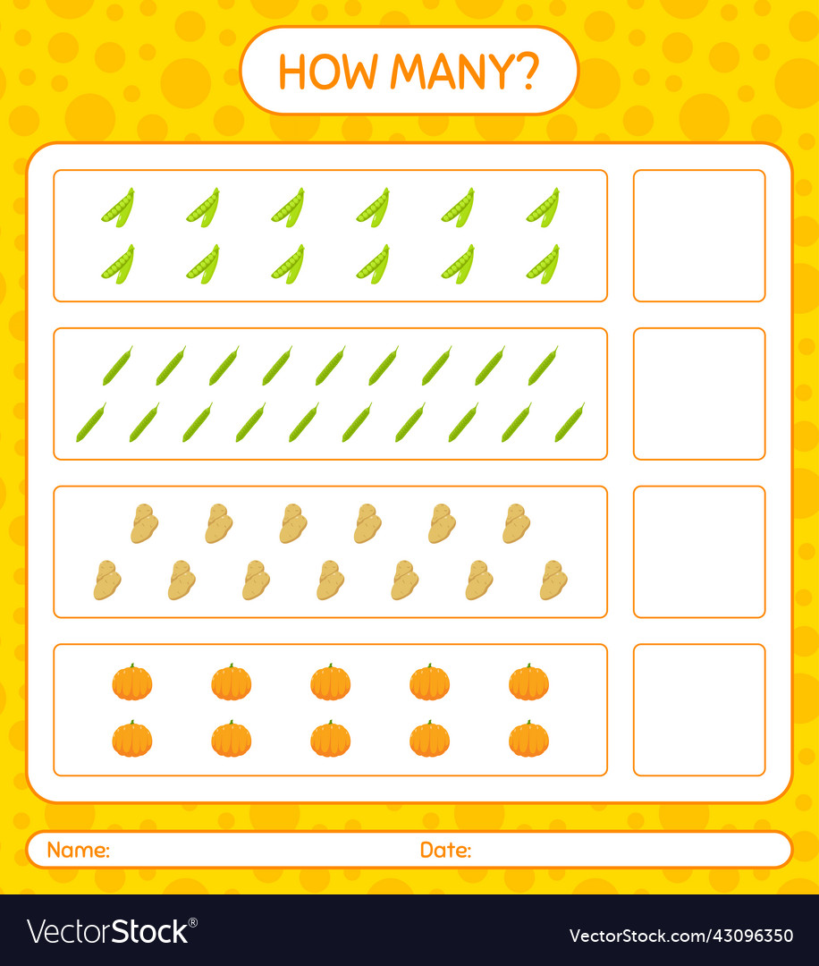 How many counting game with vegetables worksheet vector image How many counting game with vegetables worksheet