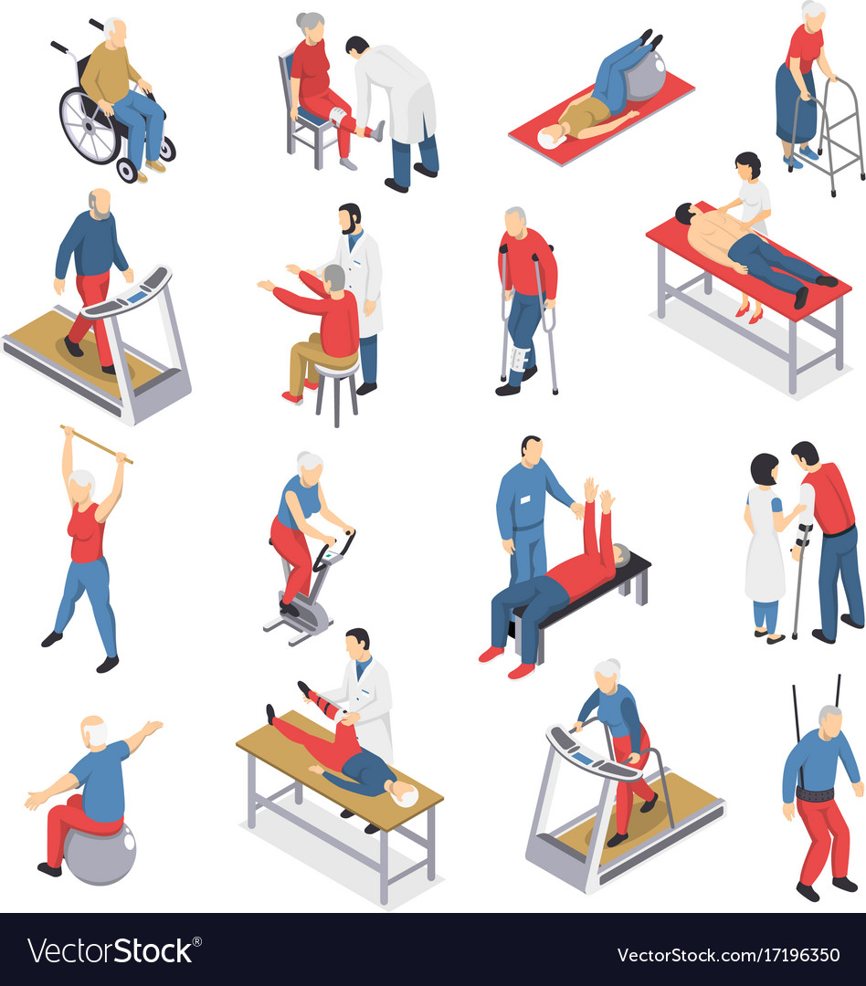 Rehabilitation physiotherapy isometric icons set Vector Image