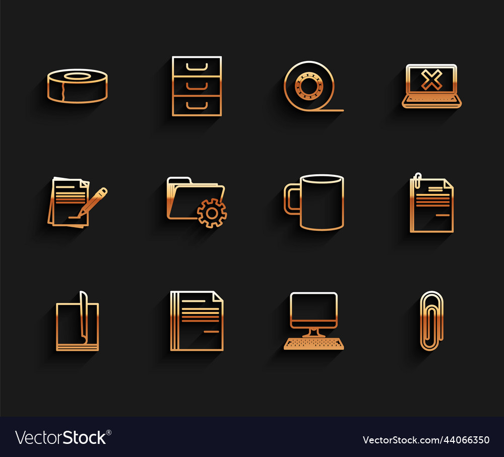 Set line file document scotch computer monitor vector image Set line file document scotch computer monitor