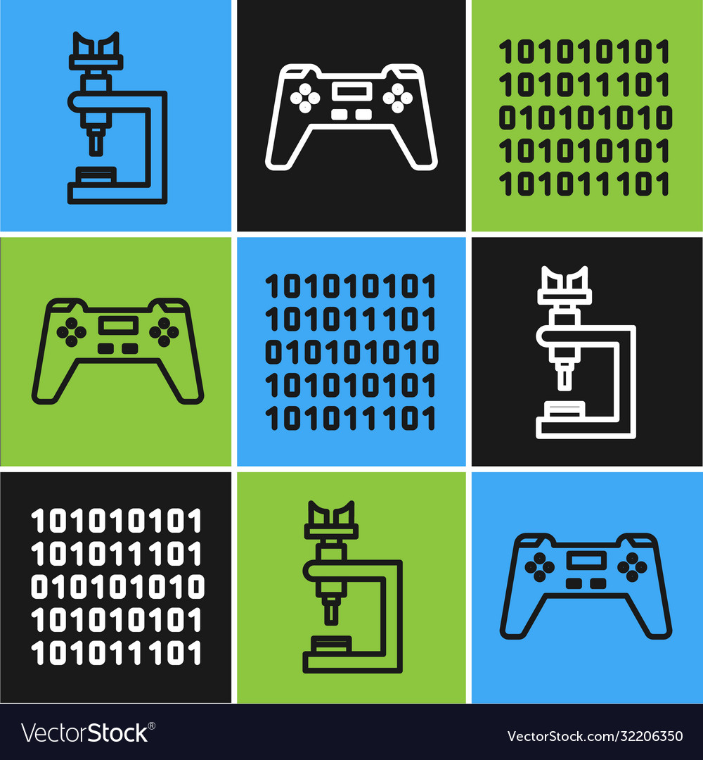 Set line microscope binary code and gamepad icon