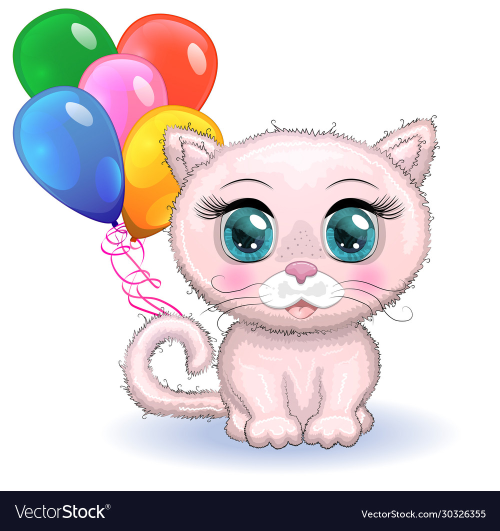 Cute cartoon pink cat a kitten on background