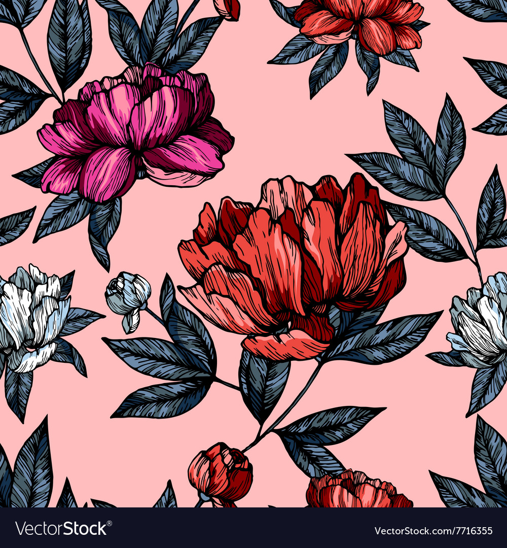 Flowers Pions With Foliage Pattern Royalty Free Vector Image