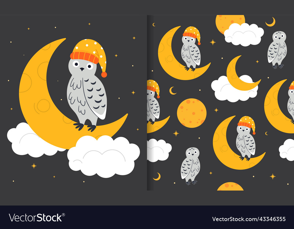 Owl on moon seamless pattern vector image Owl on moon seamless pattern