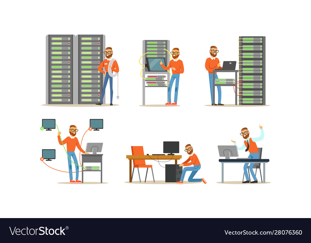 Man engineer working in server room digital vector image Man engineer working in server room digital