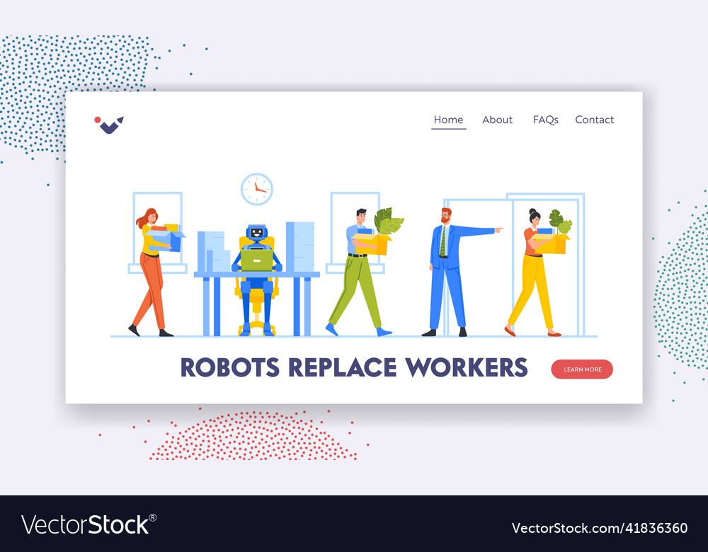 Robots replace workers landing page template male vector image Robots replace workers landing page template male