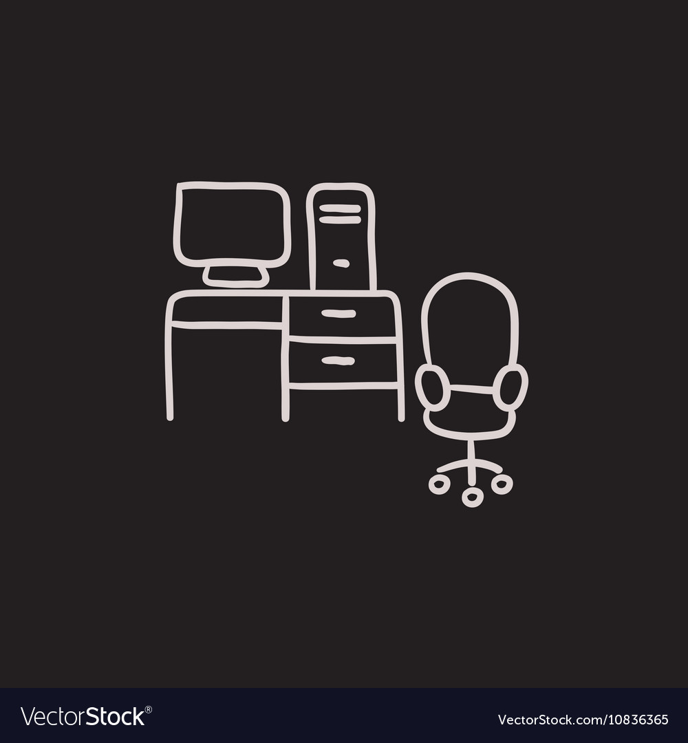 Computer set with table and chair sketch icon