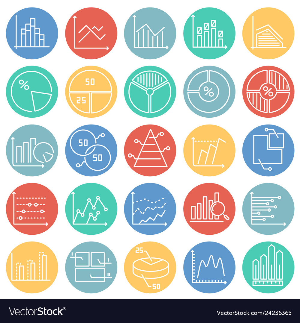 Graph line icons set on color circles white vector image Graph line icons set on color circles white