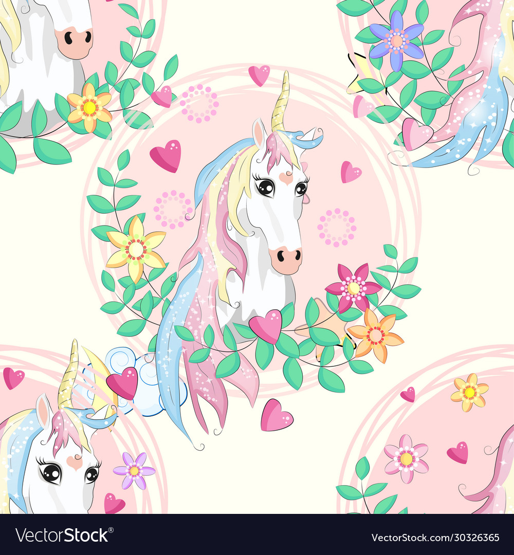 Seamless pattern with cute unicorns cloudsrainbow