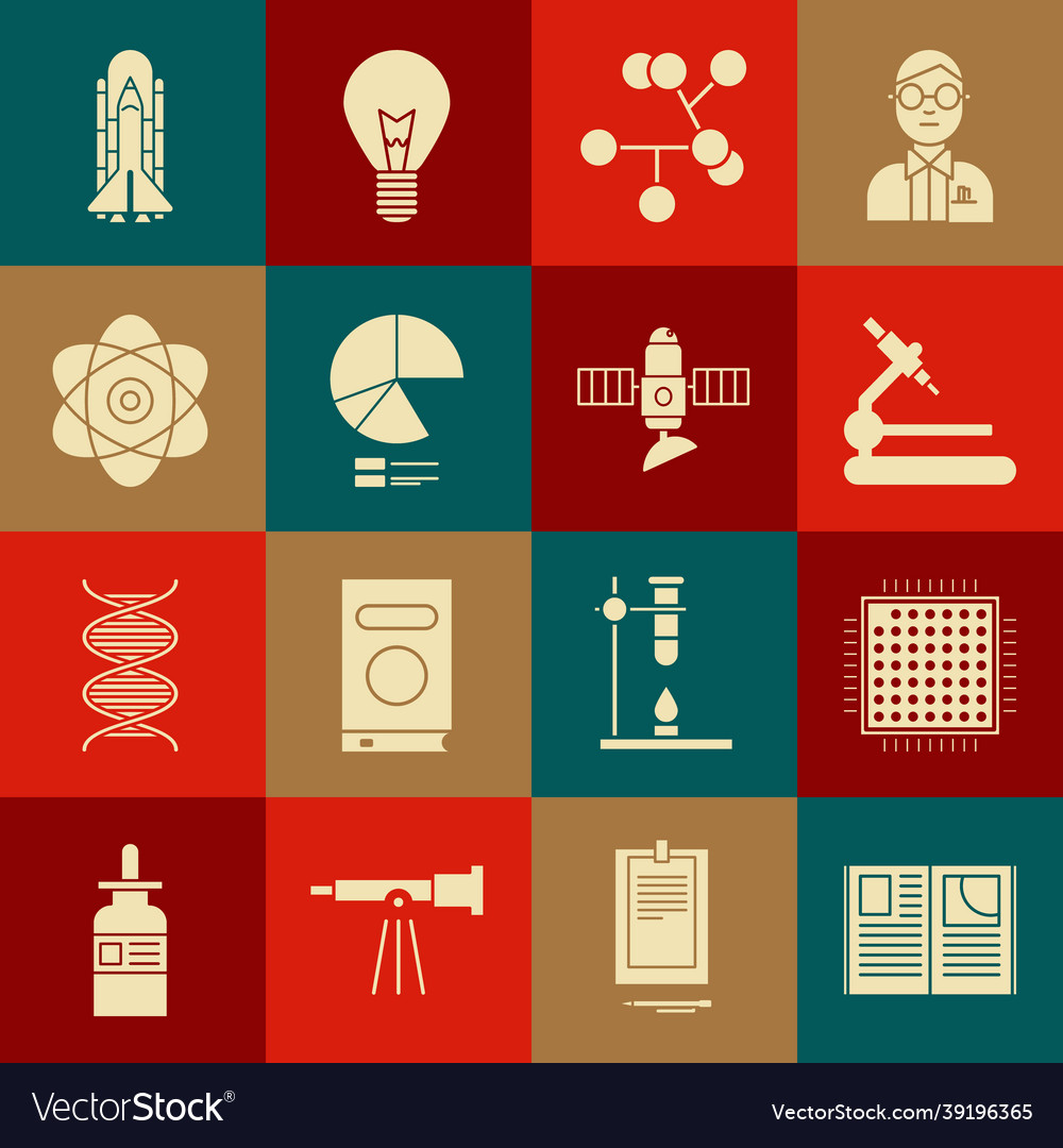 Set open book processor microscope molecule vector image Set open book processor microscope molecule