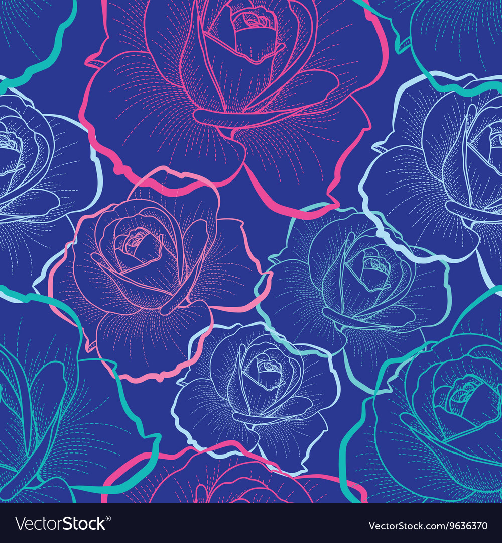 Color outline roses on blue seamless pattern