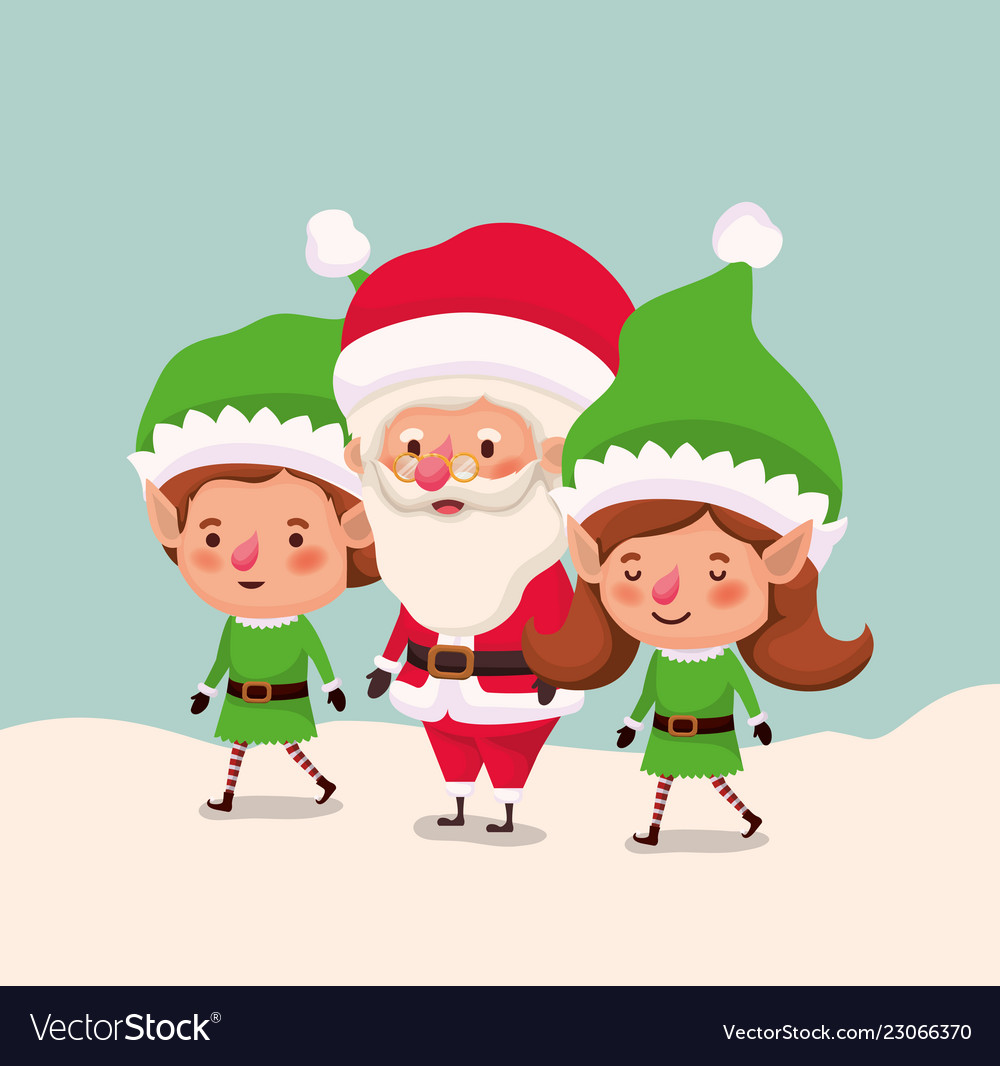 Paar Helfer mit santa claus in snowscape vector image Paar Helfer mit santa claus in snowscape