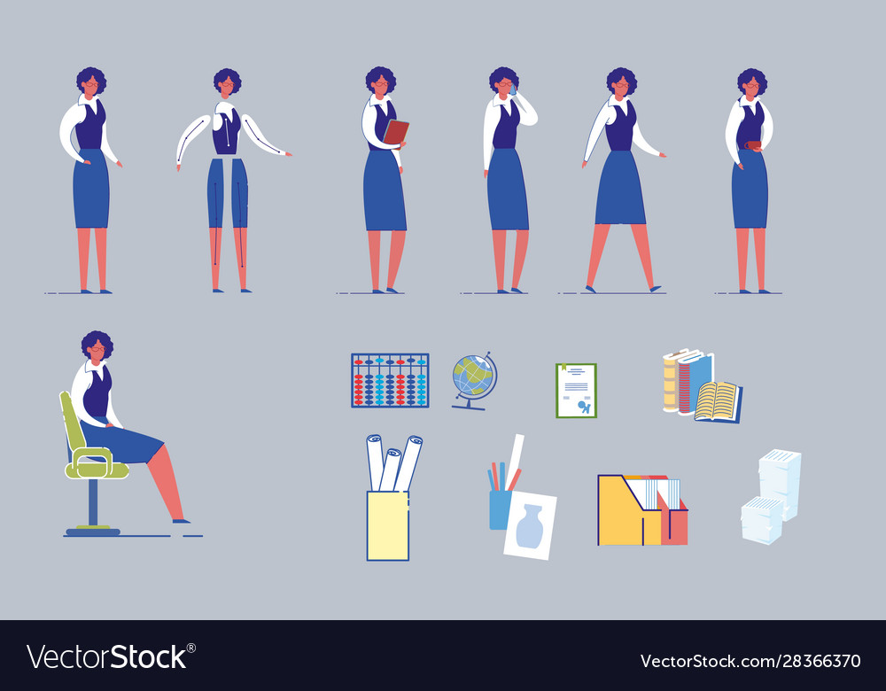 Female teacher character with school supplies set