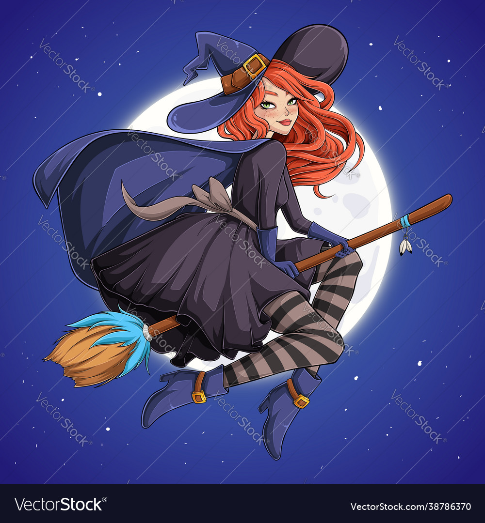 Halloween Beautiful Witch Redhead Woman With Hat Vector Image