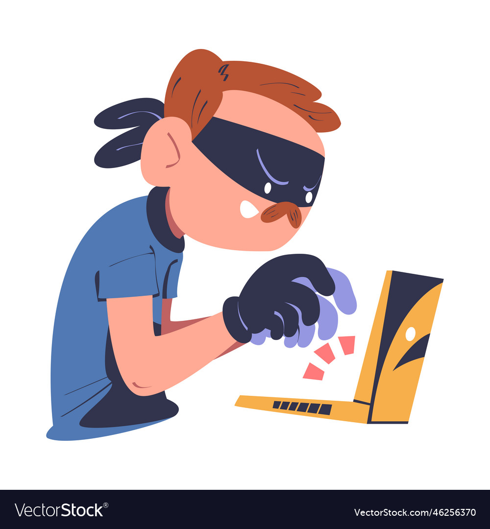Masked cyber thief hacker stealing data from vector image Masked cyber thief hacker stealing data from