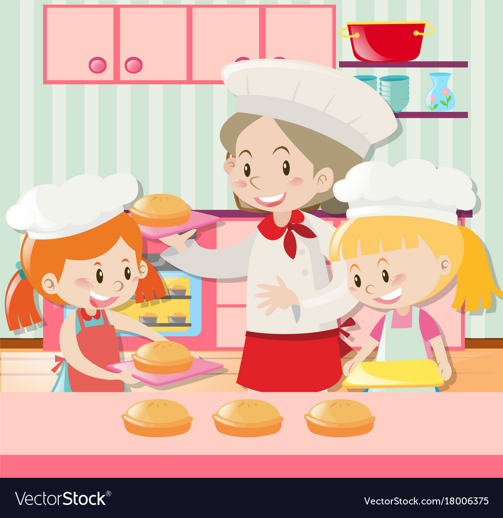 Baker and two girls baking pie Royalty Free Vector Image