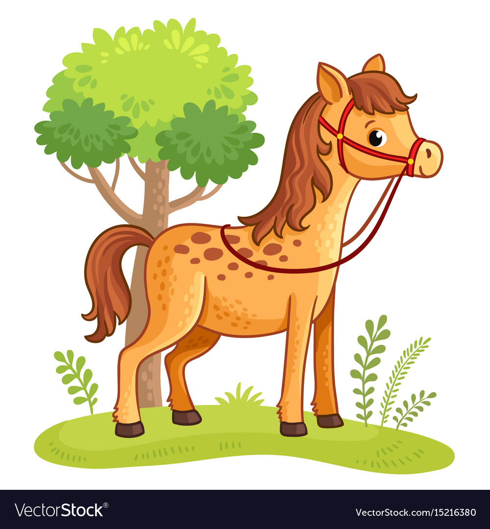 Cartoon horse standing in a meadow Royalty Free Vector Image