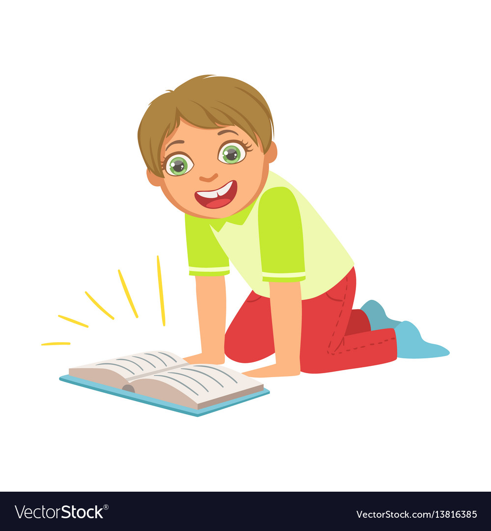 Boy laughing reading a book part of kids loving