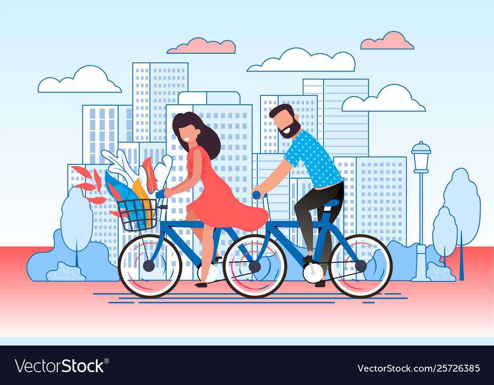 Cartoon married couple cycling through city street