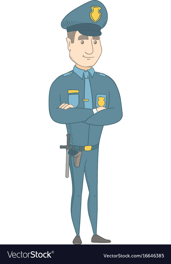 Caucasian policeman standing with folded arms Vector Image