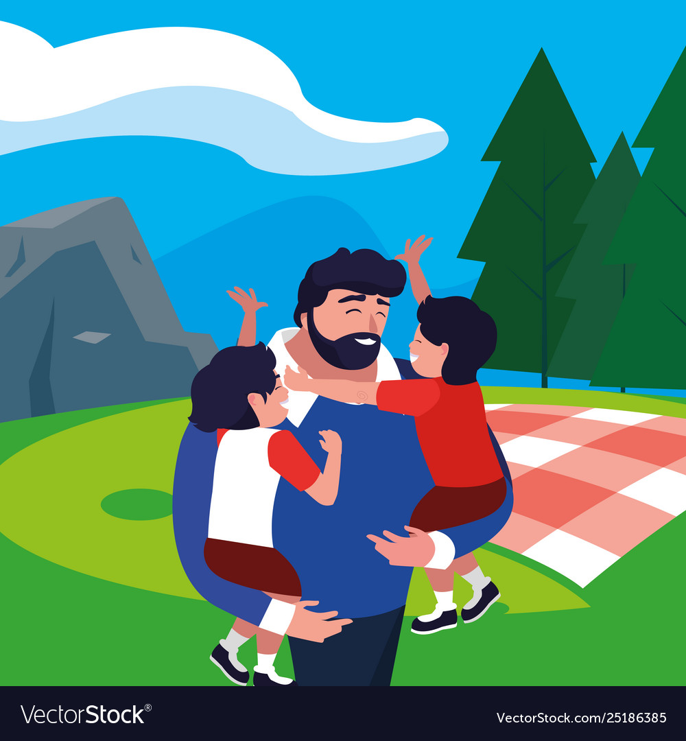 Father with sons characters in field picnic