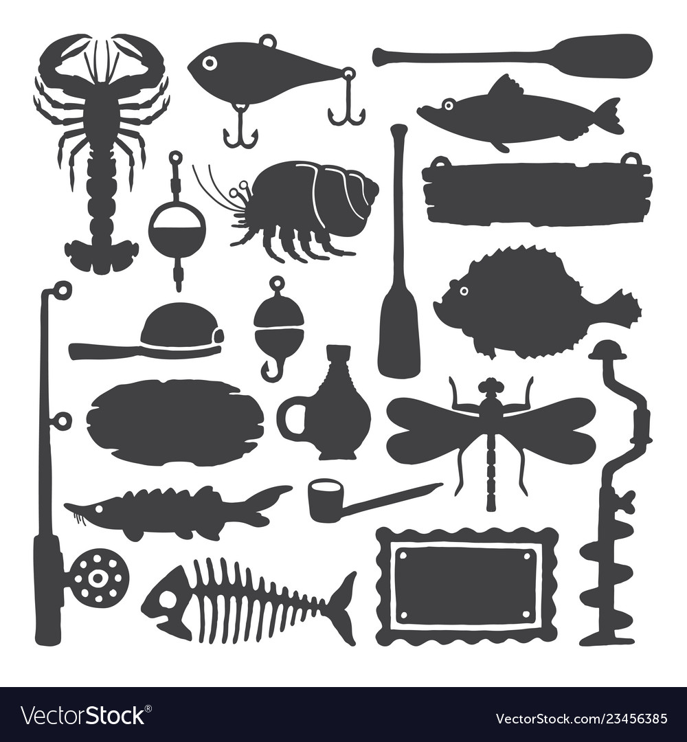 Fisherman monochrome handdrawn objects items set