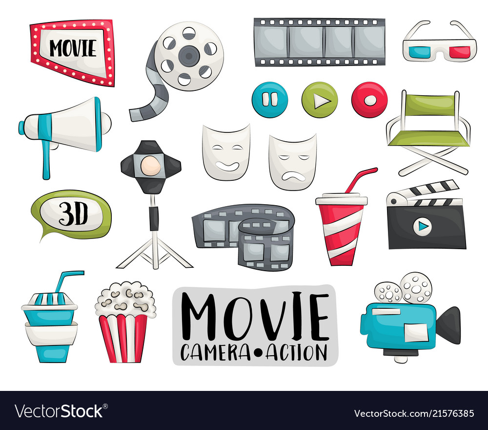 Movie cinema icons set colorful hand drawn doodle