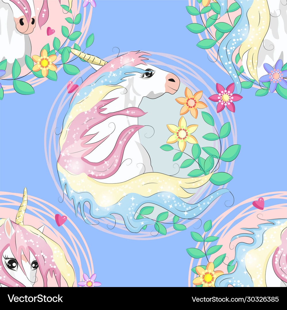 Seamless pattern with cute unicorns cloudsrainbow Vector Image