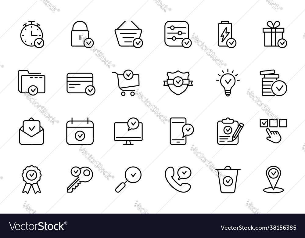 Set approve line icons check marks ticks vector image Set approve line icons check marks ticks