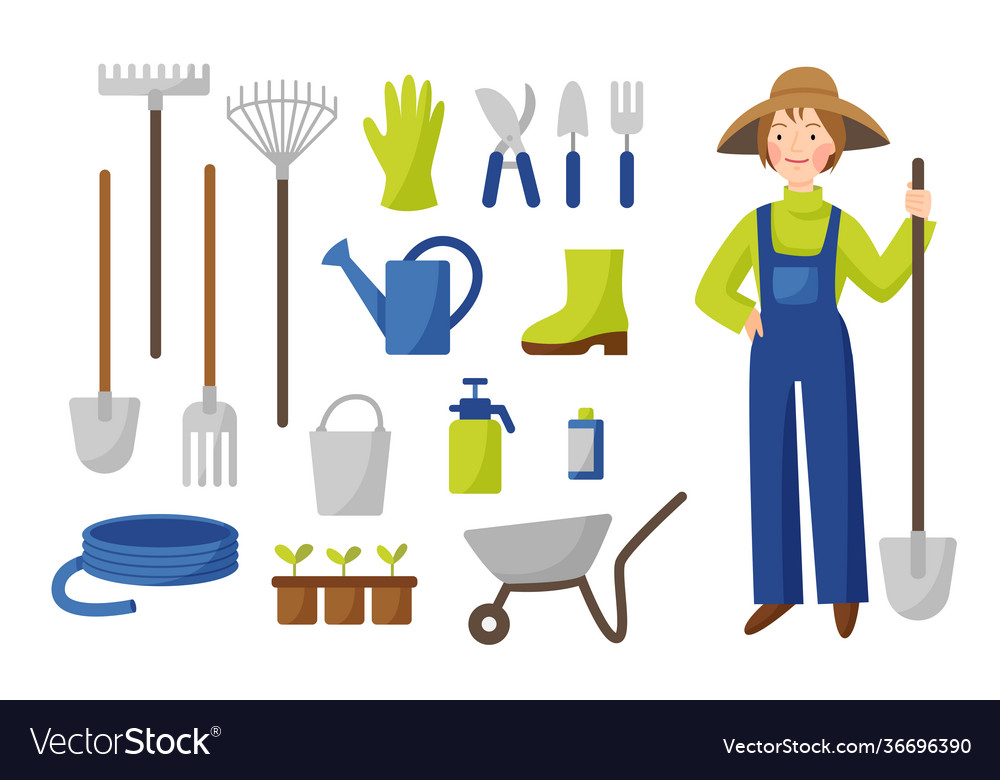 Collection gardening tools in flat style Vector Image