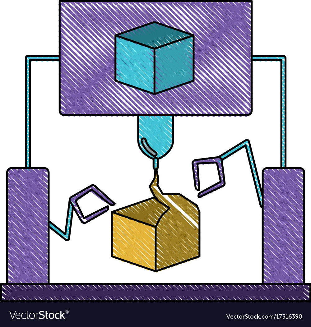 Cube design with robotic hands in color crayon