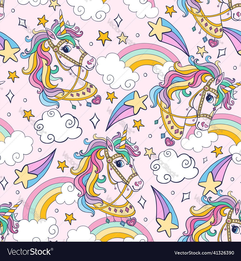 Cute unicorns head with elements seamless pattern vector image Cute unicorns head with elements seamless pattern