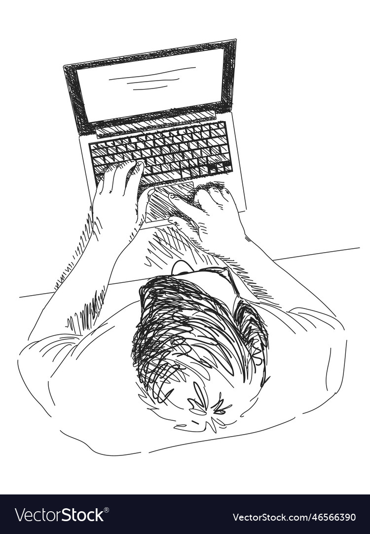 Sketch of man working with computer hand drawn vector image Sketch of man working with computer hand drawn