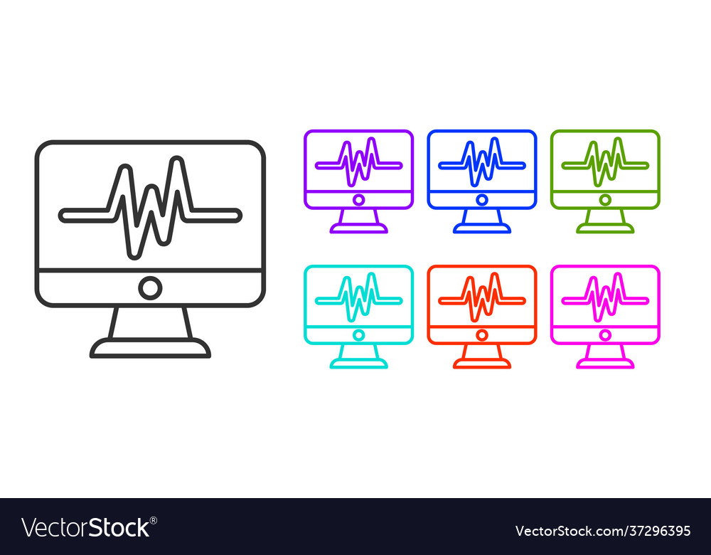 Black line computer monitor with cardiogram icon vector image Black line computer monitor with cardiogram icon