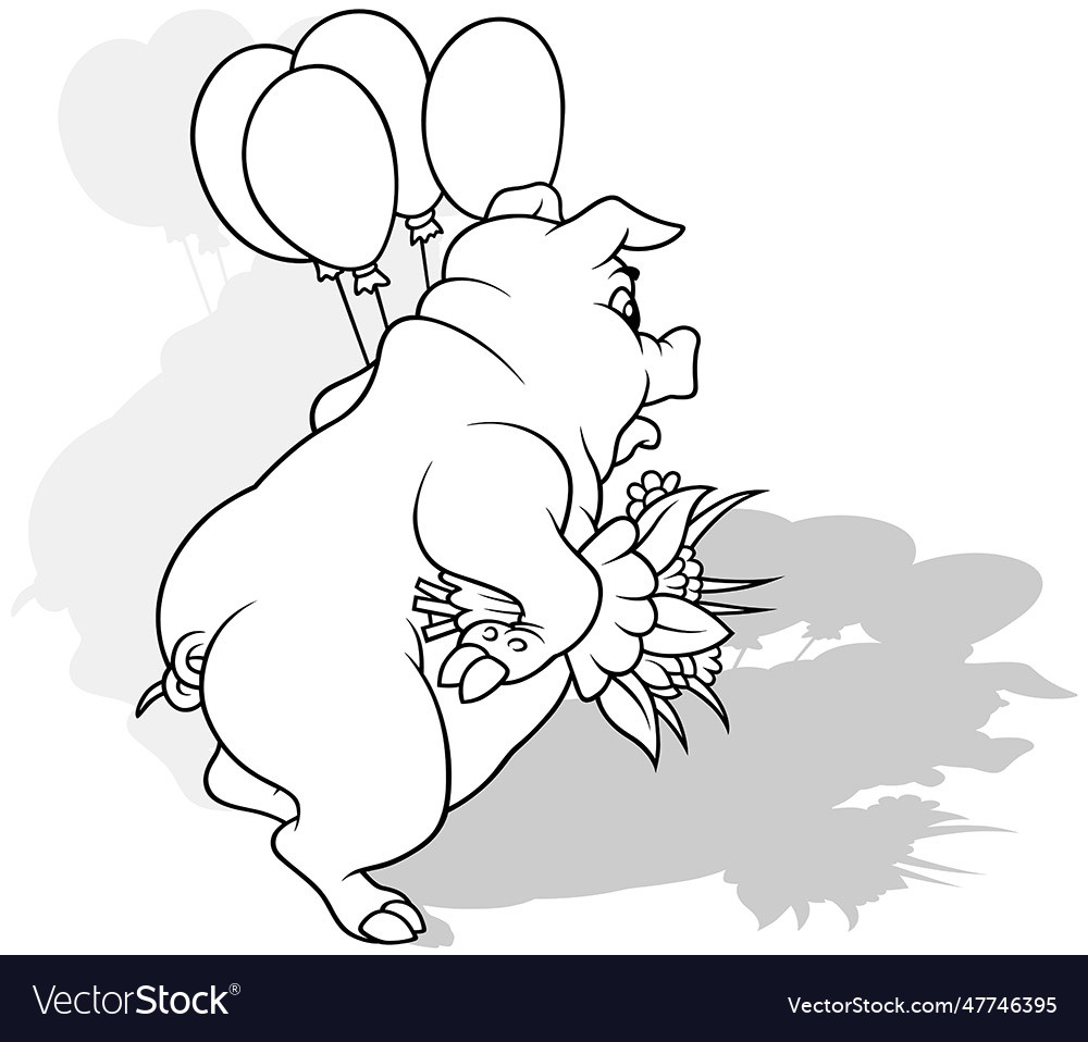 Drawing of a piggy with bouquet and balloons