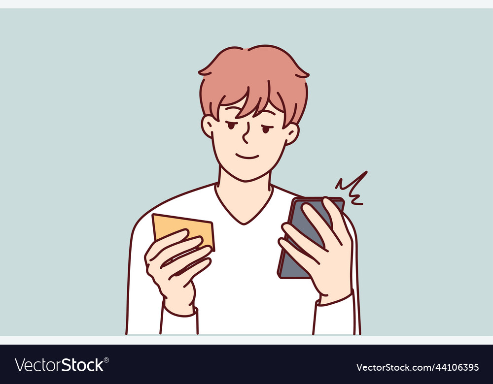 Happy man paying on cell with credit card Vector Image