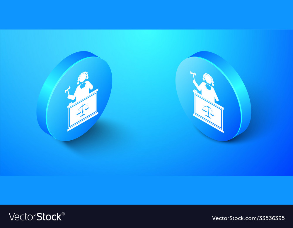 Isometric judge with gavel on table icon isolated