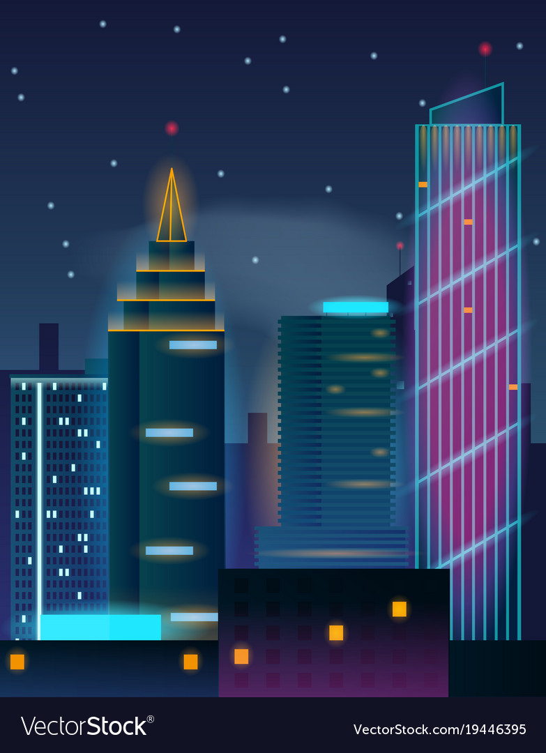 Night city skyscrapers buildings in neon lights