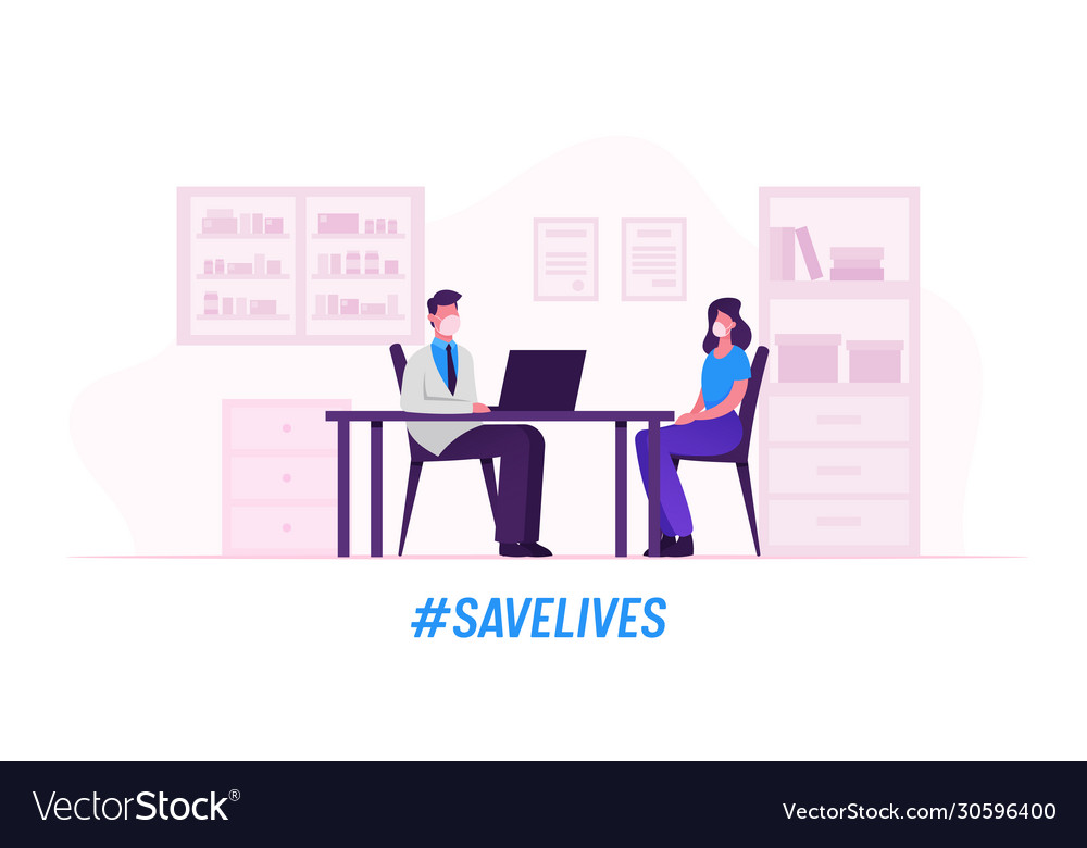 Sick woman patient character wear medical mask vector image Sick woman patient character wear medical mask