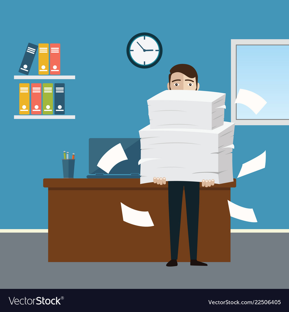 Businessman holds pile office papers and Vector Image