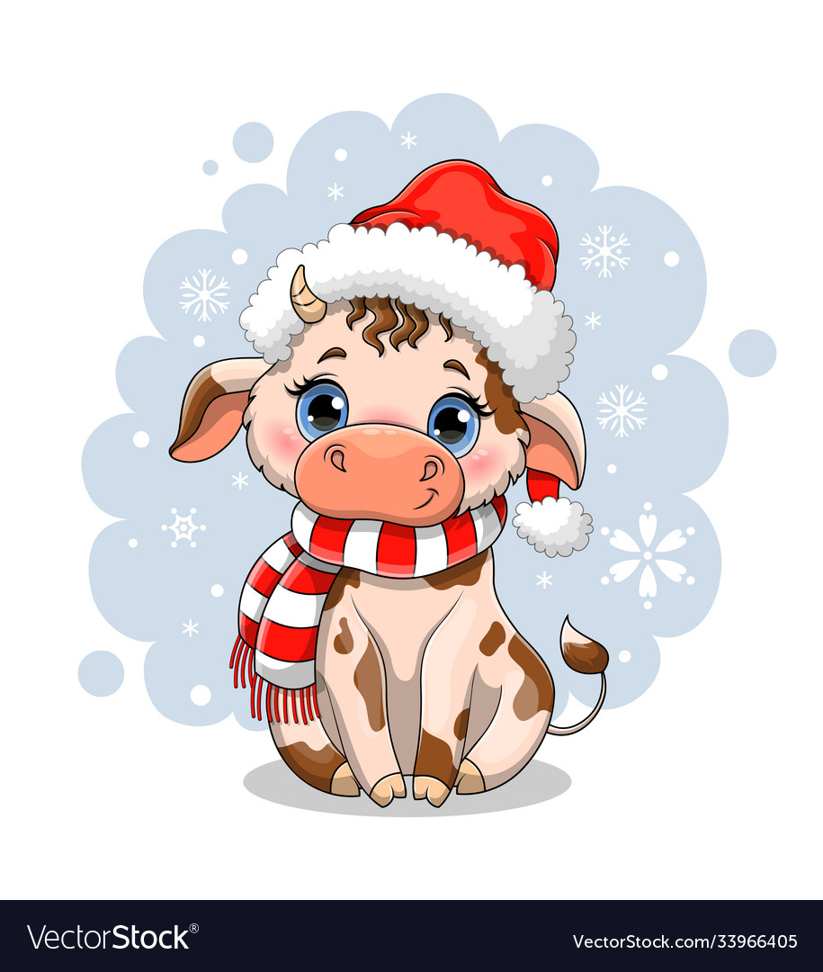 Cute little cartoon cow in winter snow Royalty Free Vector