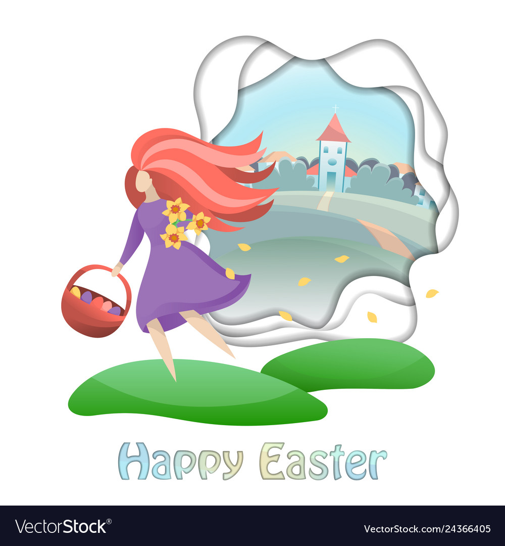 Happy easter card with girl and countryside