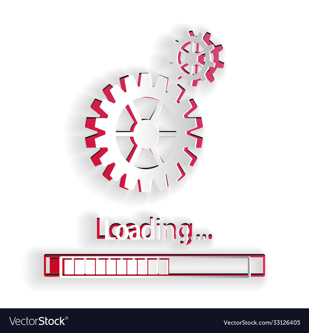 Paper cut loading and gear icon isolated on white
