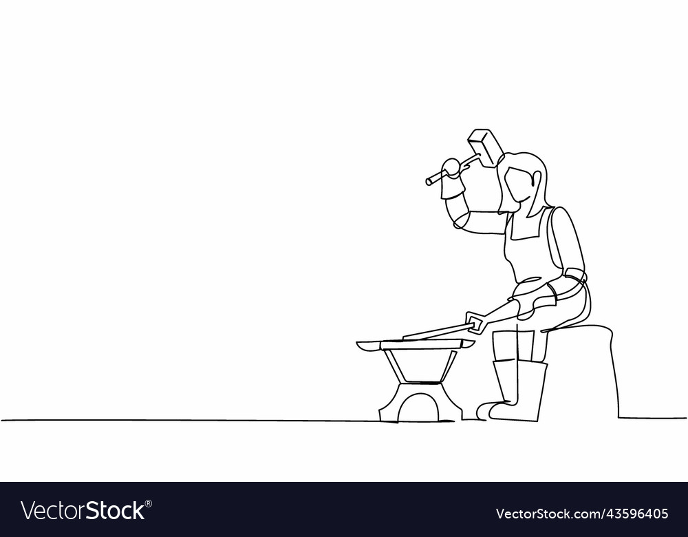 Single one line drawing female blacksmith sitting Vector Image