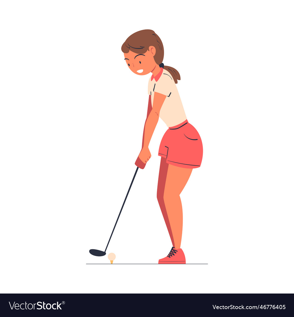 Woman character playing golf with club enjoying