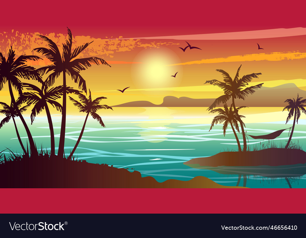 Tropical landscape with sea sunset and palm trees Vector Image