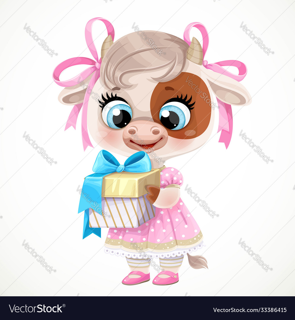 Little cow girl in pink dress with a gift