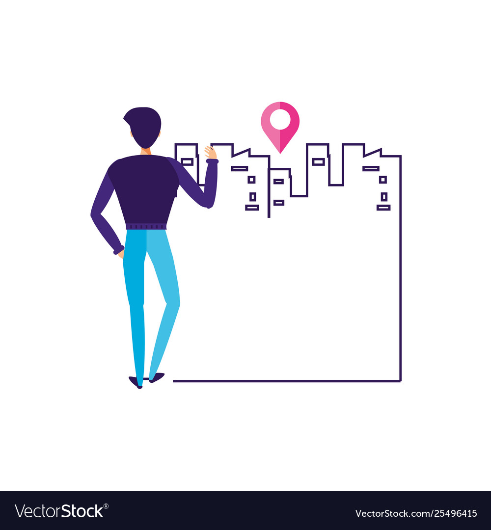 Man with pin pointer location and cityscape
