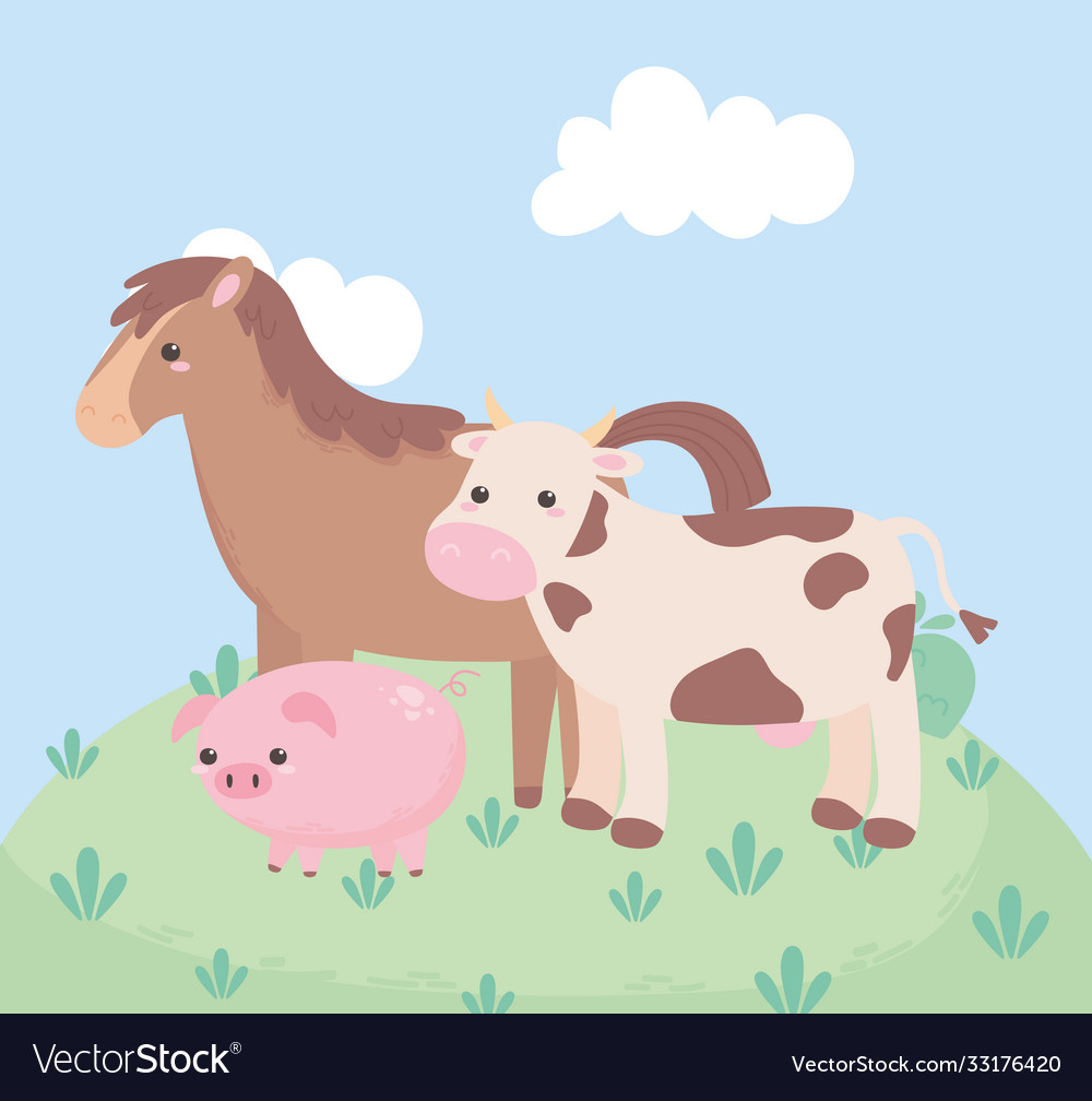 Cute horse cow and pig in grass cartoon Royalty Free Vector