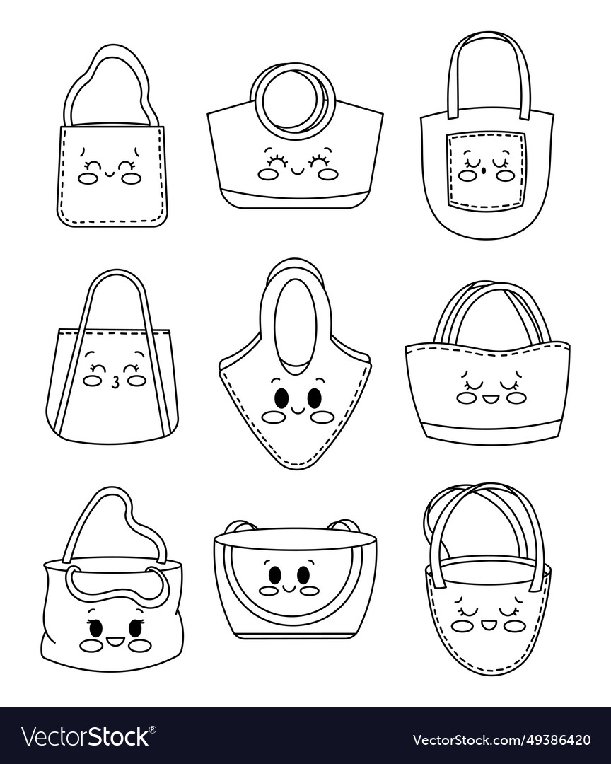 Cute shopping bag characters coloring page vector image Cute shopping bag characters coloring page